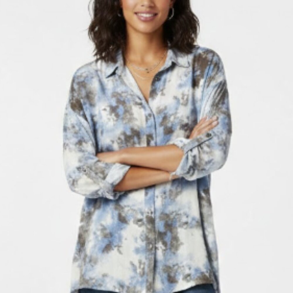 Como Vintage Blue‎ Gray Tie Dye Soft Rayon Long Sleeve Button Down Large